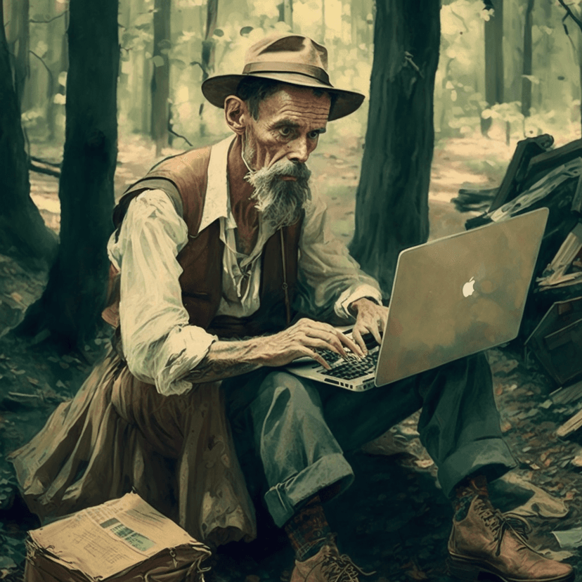 AI-generated picture from the prompt 'man in a tattered suit working on a laptop in the middle of a forest in the style of norman rockwell'