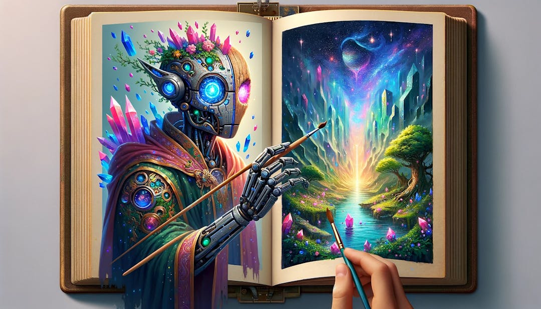 An illustration of a magical golem painting in a book
