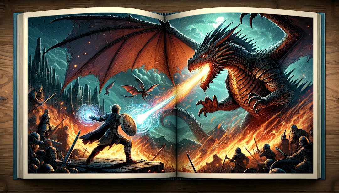 An illustration of a hero fighting a dragon in a book