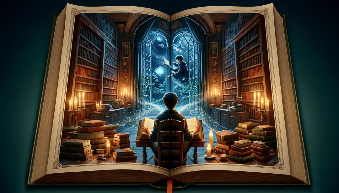 An illustration of boy reading books in a book