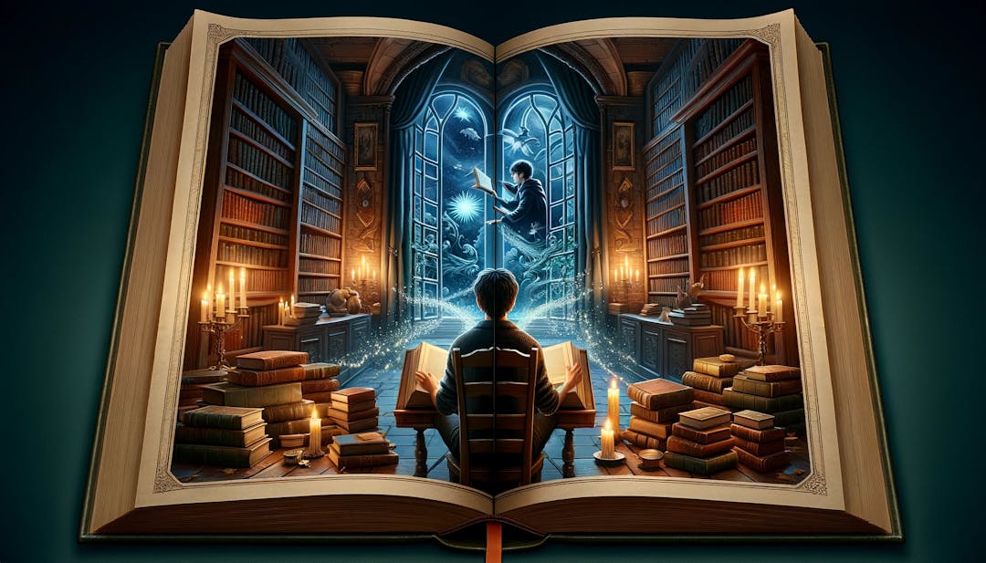 An illustration of boy reading books in a book