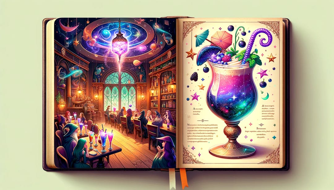 An illustration of a milkshake in a magical diner in a book