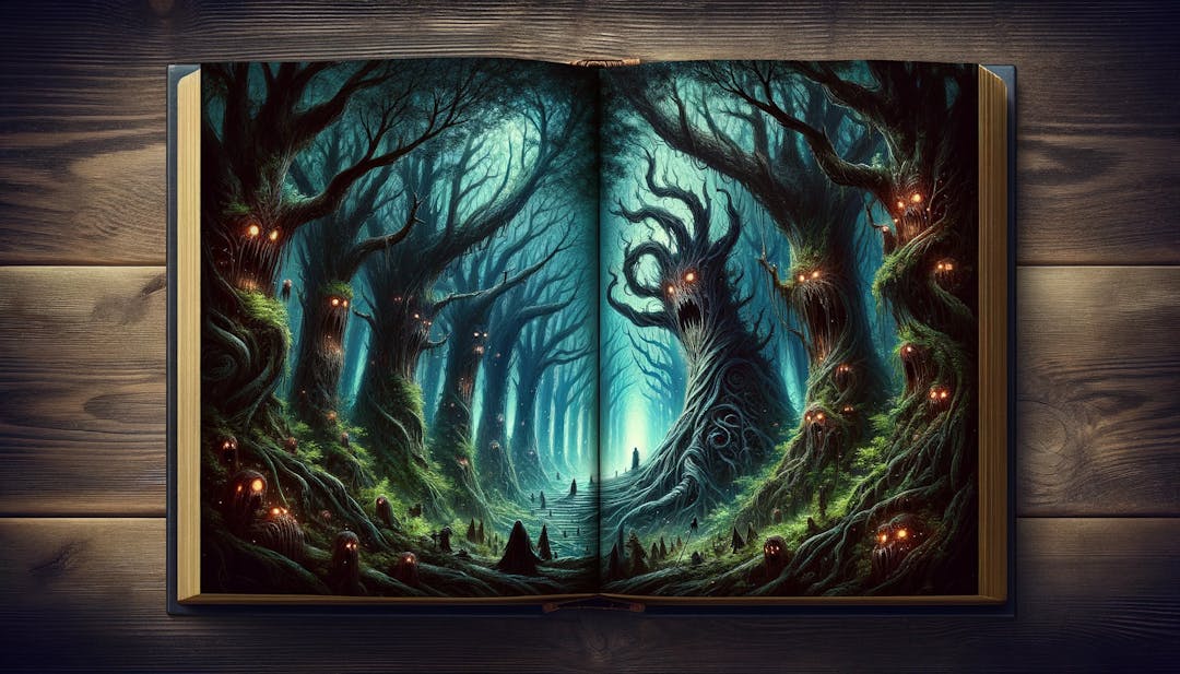 An illustration of a scary fantasy forest in a book