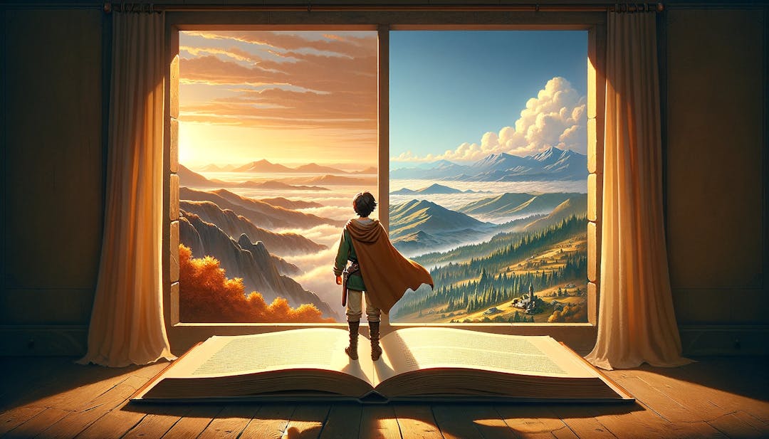 A small man standing on a book and looking out a window with two landscapes