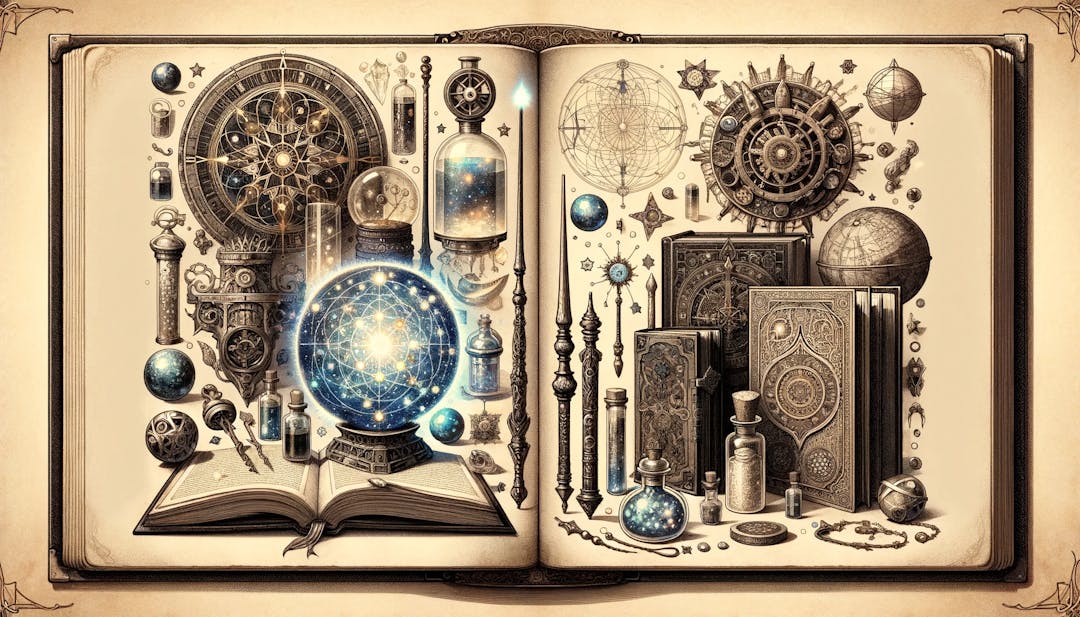 An illustration of magical tools in a book