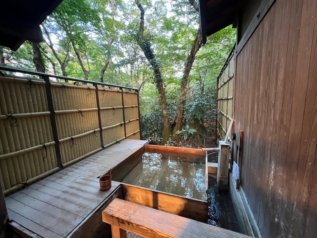 outdoor wooden bath at a ryokan
