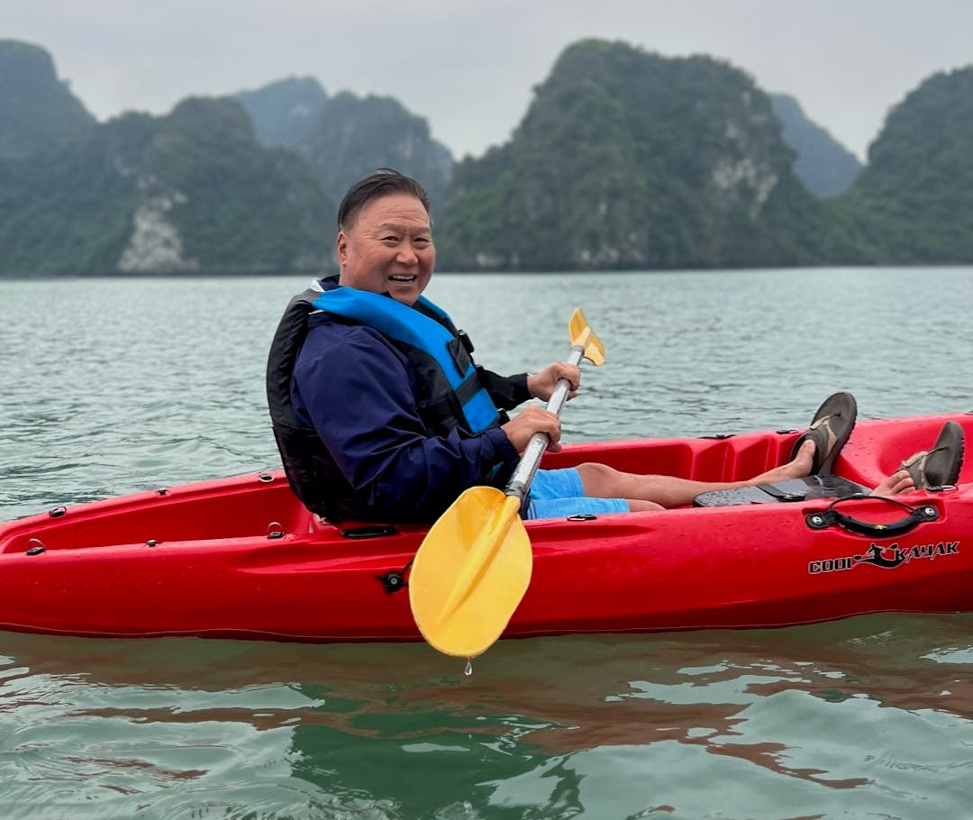 Jin in a kayak in Halong Bay
