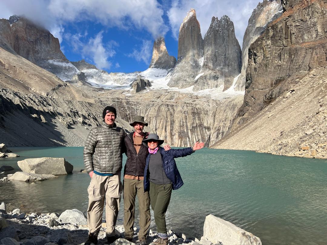 Patrick, Courtney, and Jonny posing in front of Torres del Paine