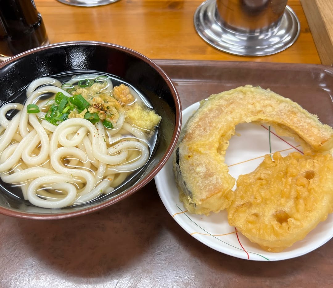 a bowl of udon with tempura